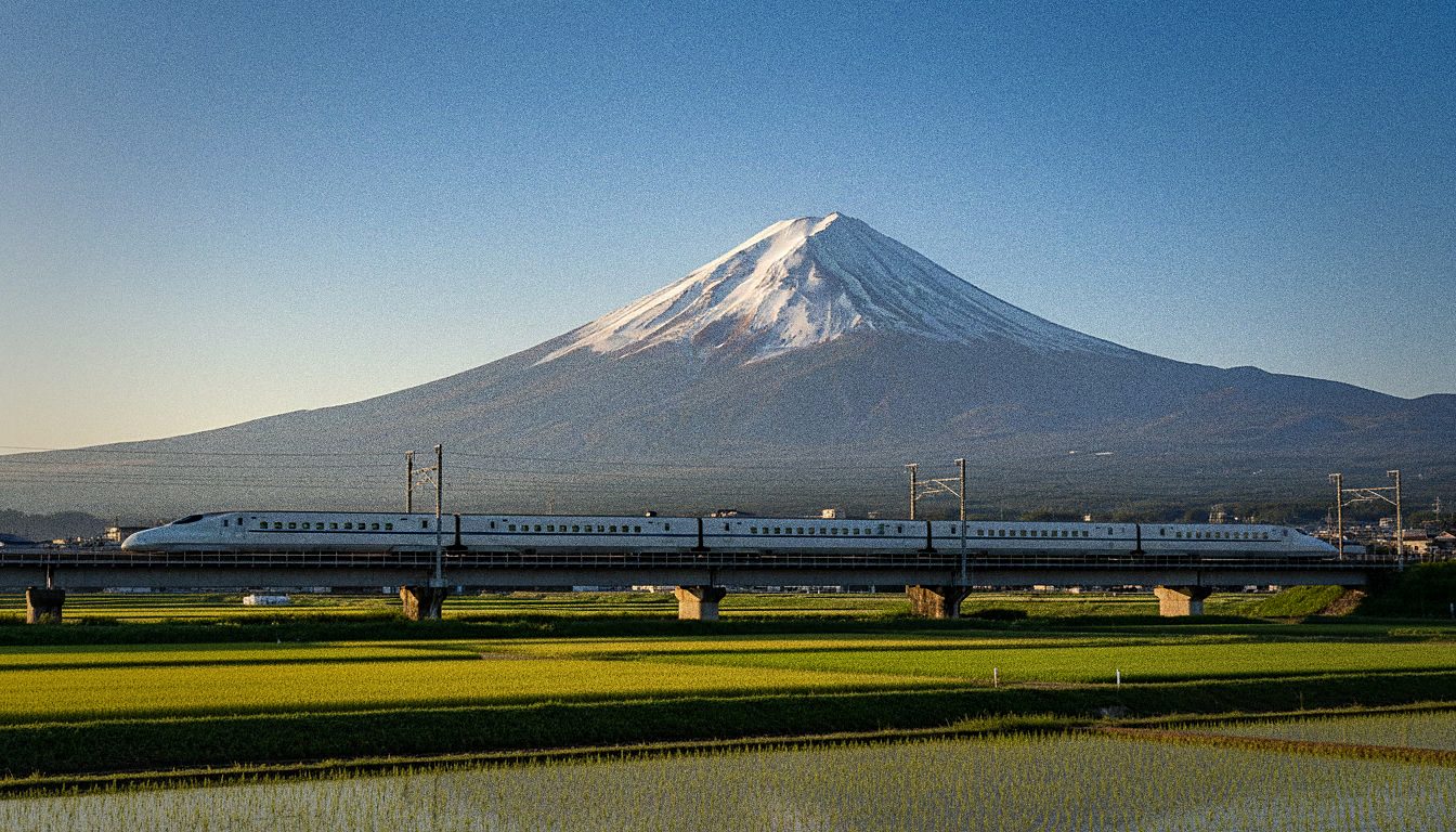 Shinkansen passant devant le Mont Fuji enneigé par temps clair