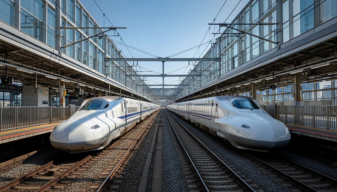 Plusieurs Shinkansen alignés à quai en gare de Tokyo illustrant la haute fréquence des départs